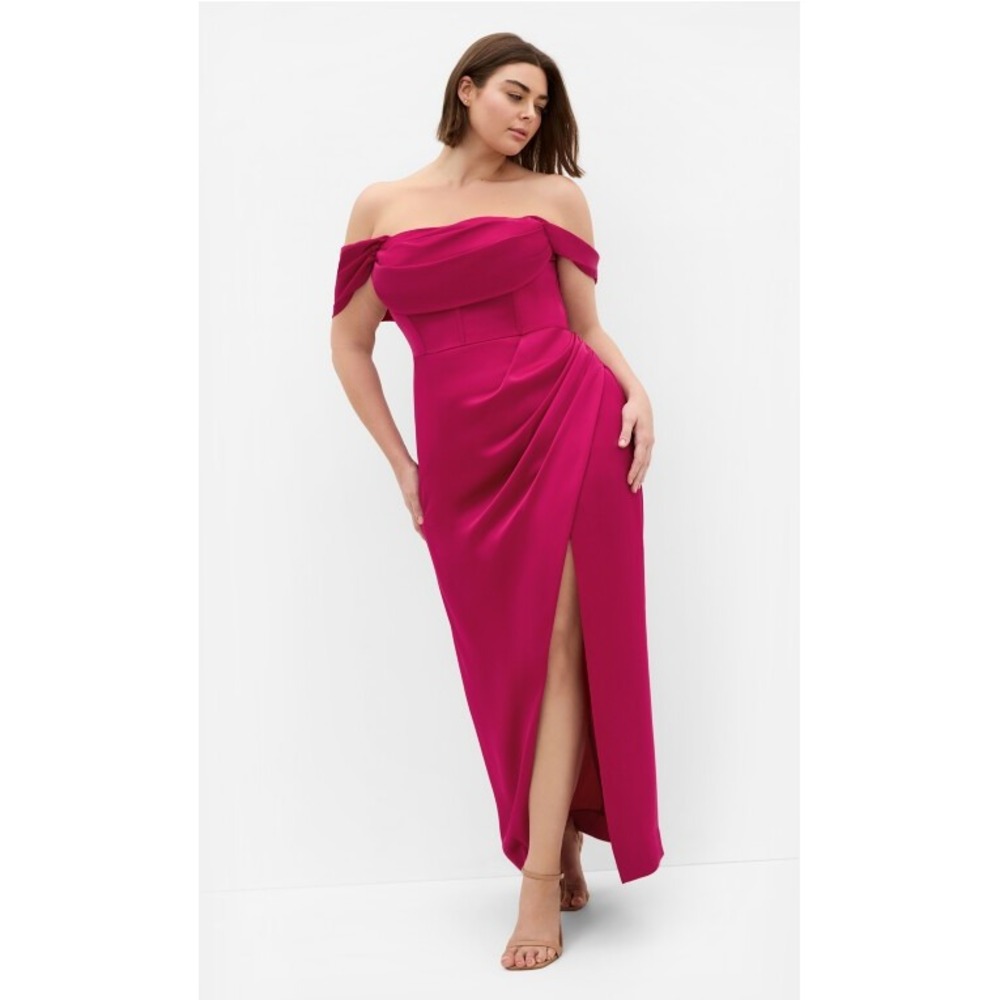 City Chic Womens Forbidden Love Maxi Dress Framboise 26 3XL Off Shoulder Fuchsia